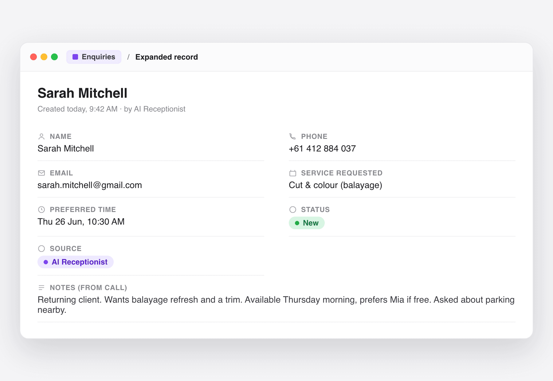 Screenshot of the new enquiry record created in the Airtable CRM.