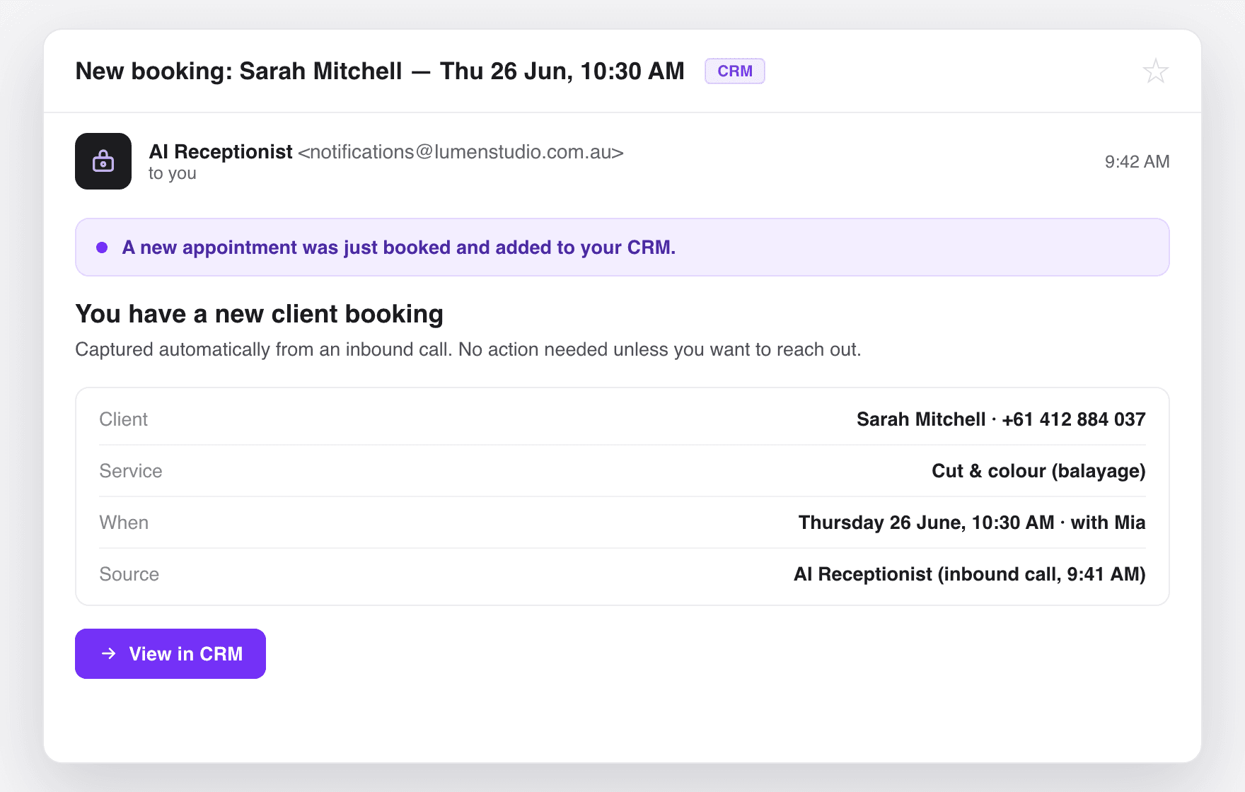 Screenshot of the new-enquiry notification email received by the business owner.