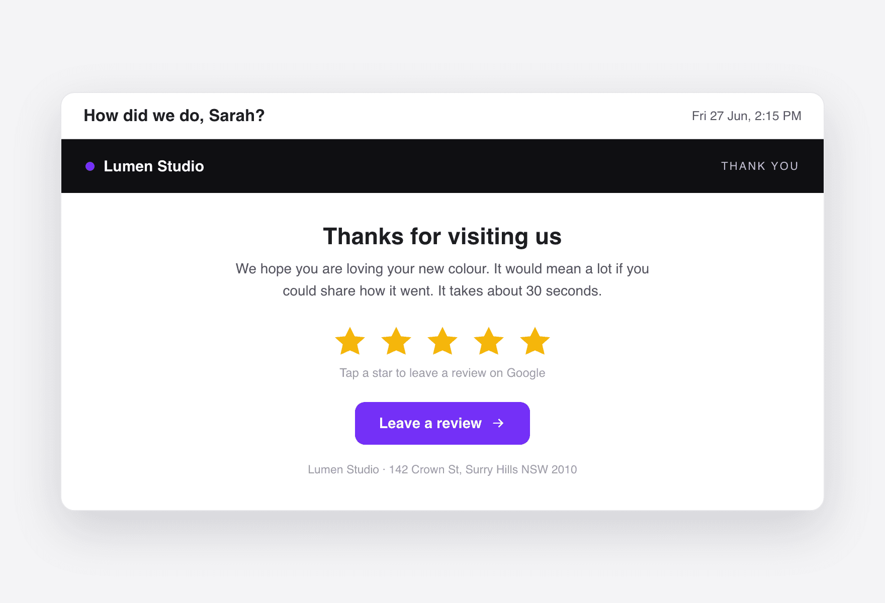 Screenshot of the automated post-appointment review request with a direct review link.