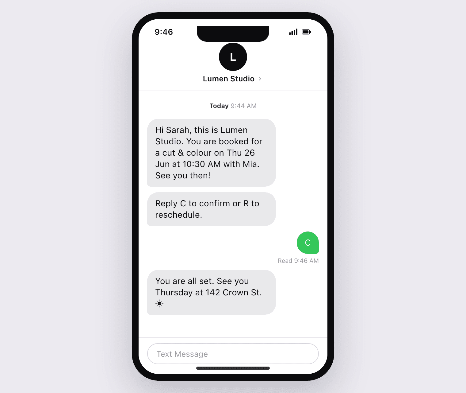 Screenshot of the SMS confirmation conversation on the customer's phone.