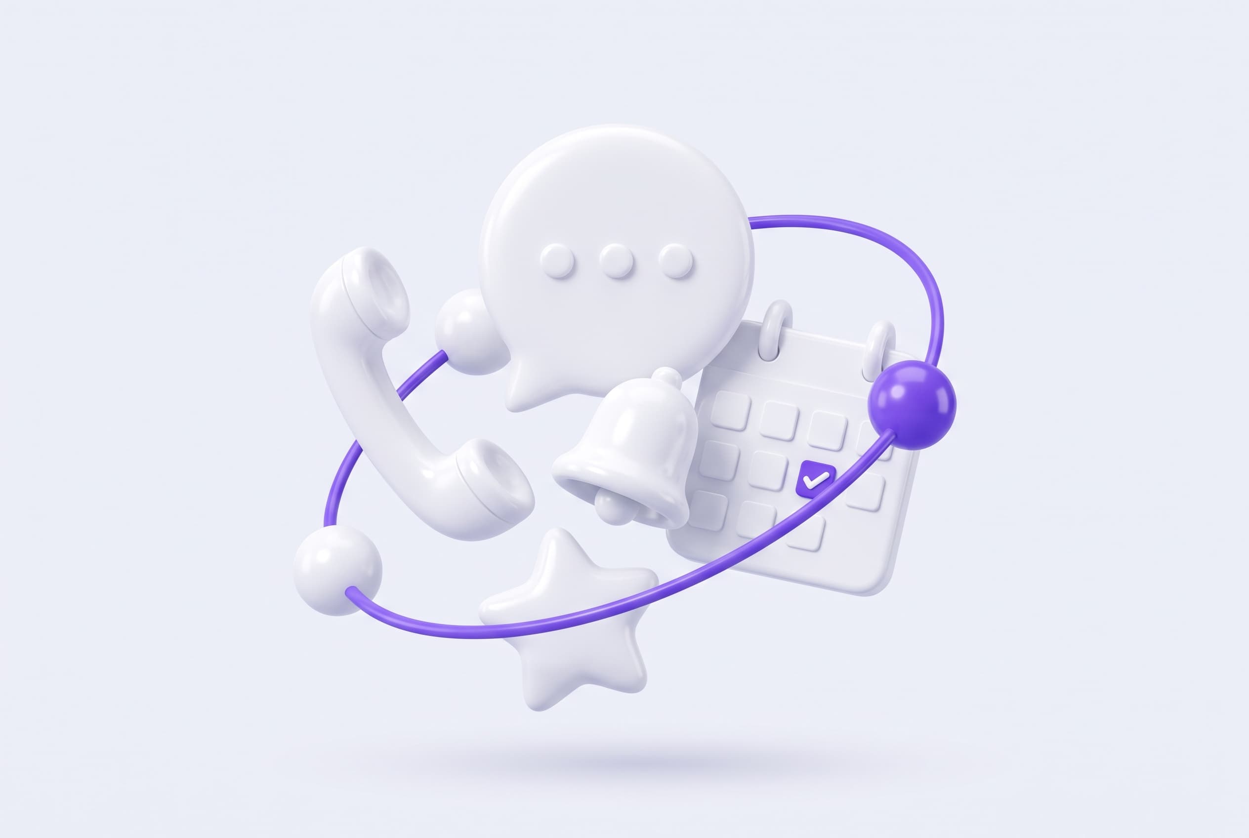 The AI receptionist surrounded by the tasks it handles — calls, messages, bookings, reminders and reviews — orbiting in one connected system.